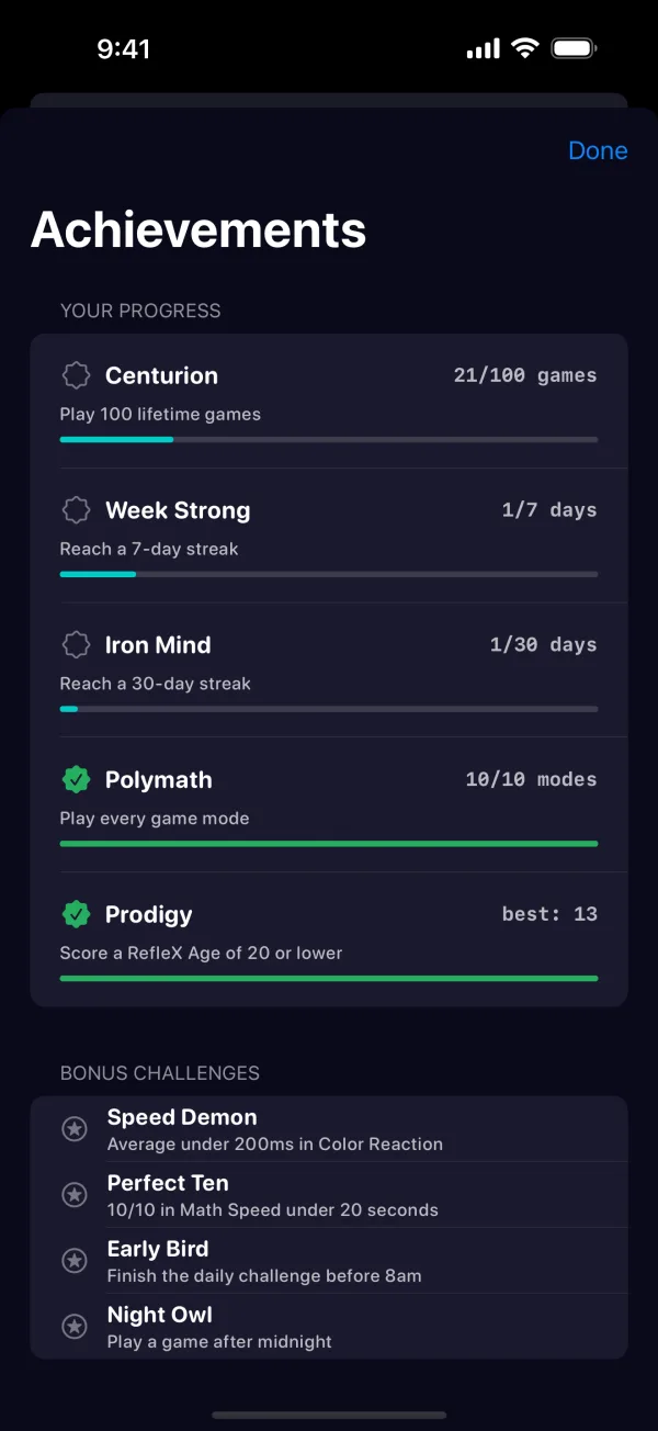Achievements screen showing progress toward each badge