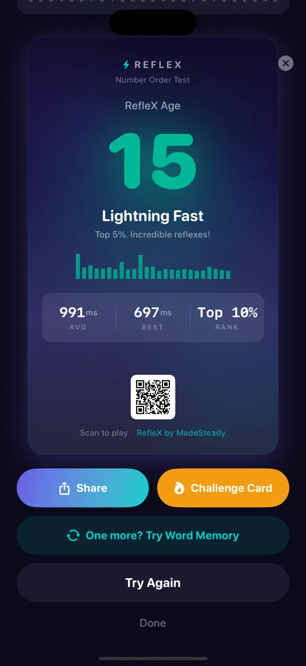 Shareable result card with QR code and RefleX Age