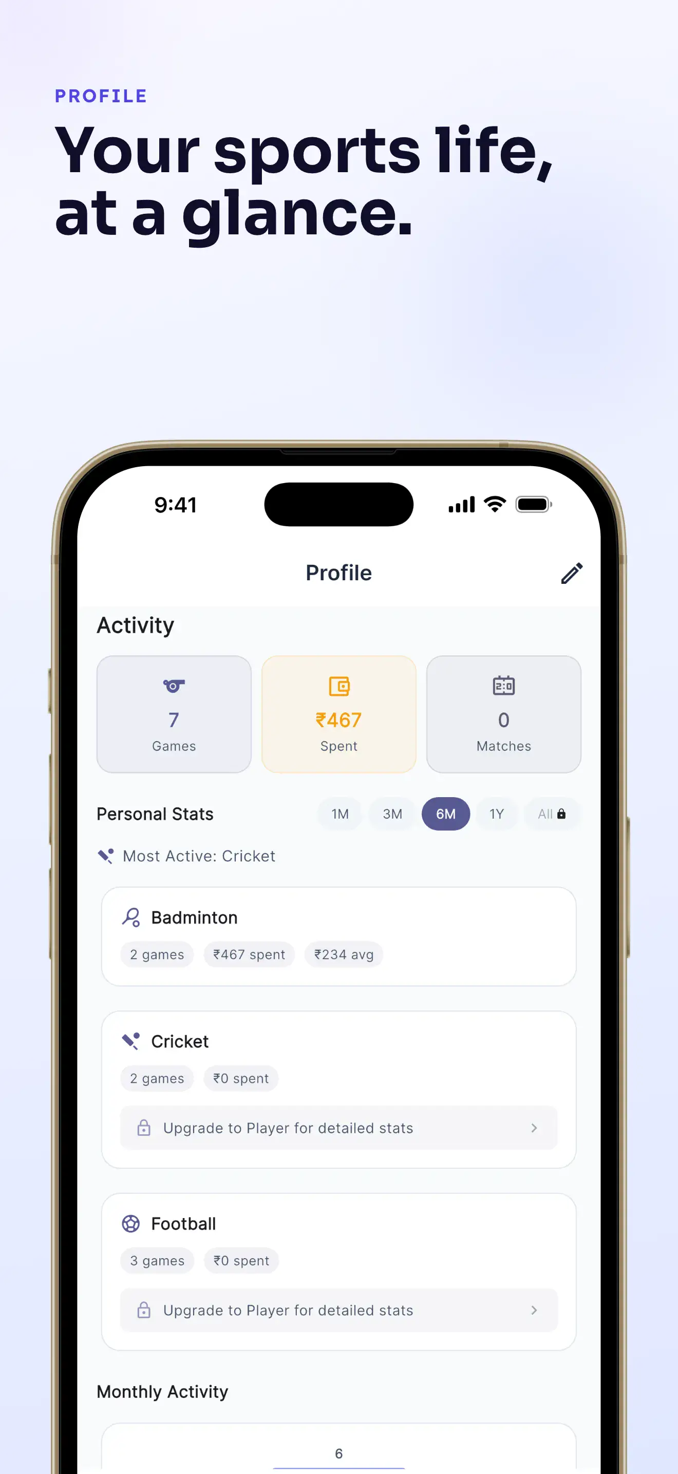 Profile with player stats and recent form