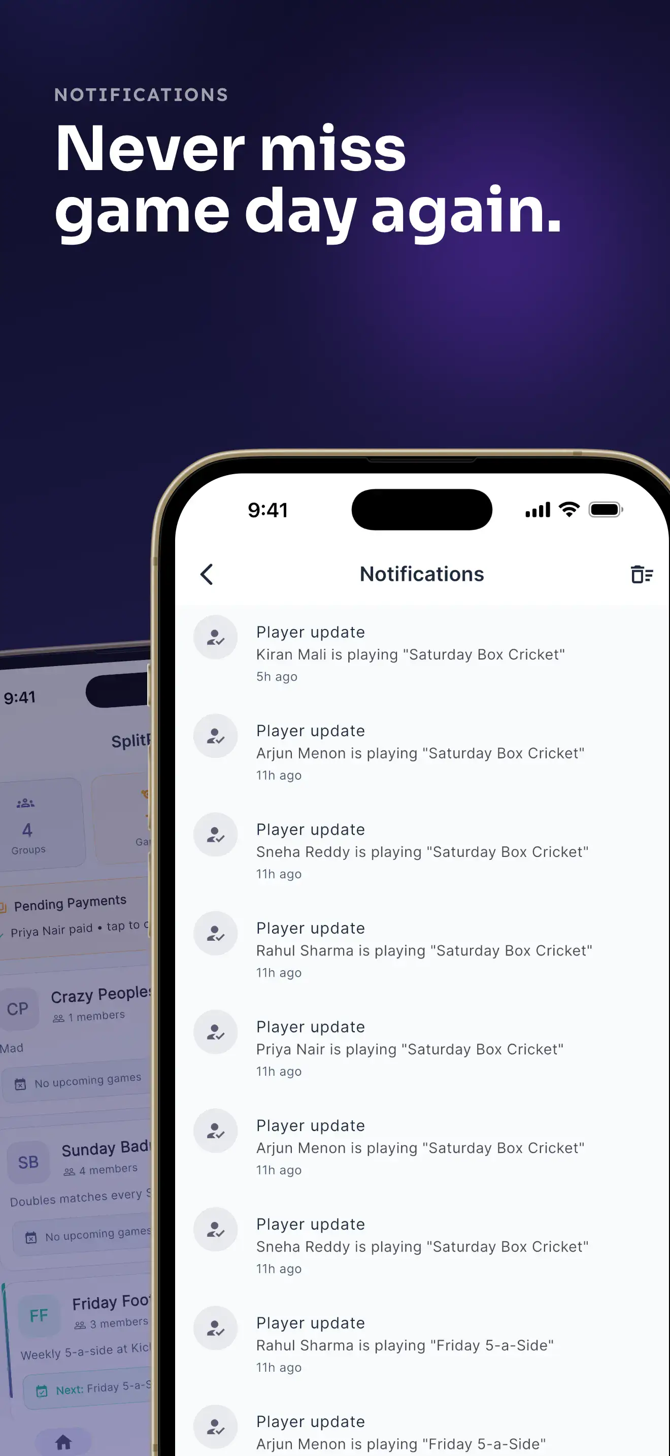 Notifications with game updates and payments